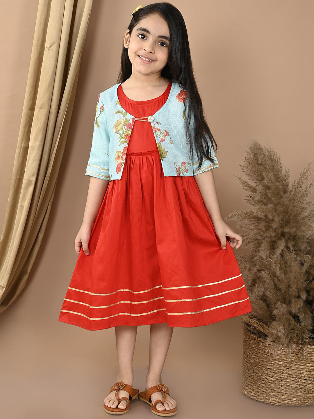 

Sangria Girls Printed A-Line Ethnic Dress With Jacket, Red