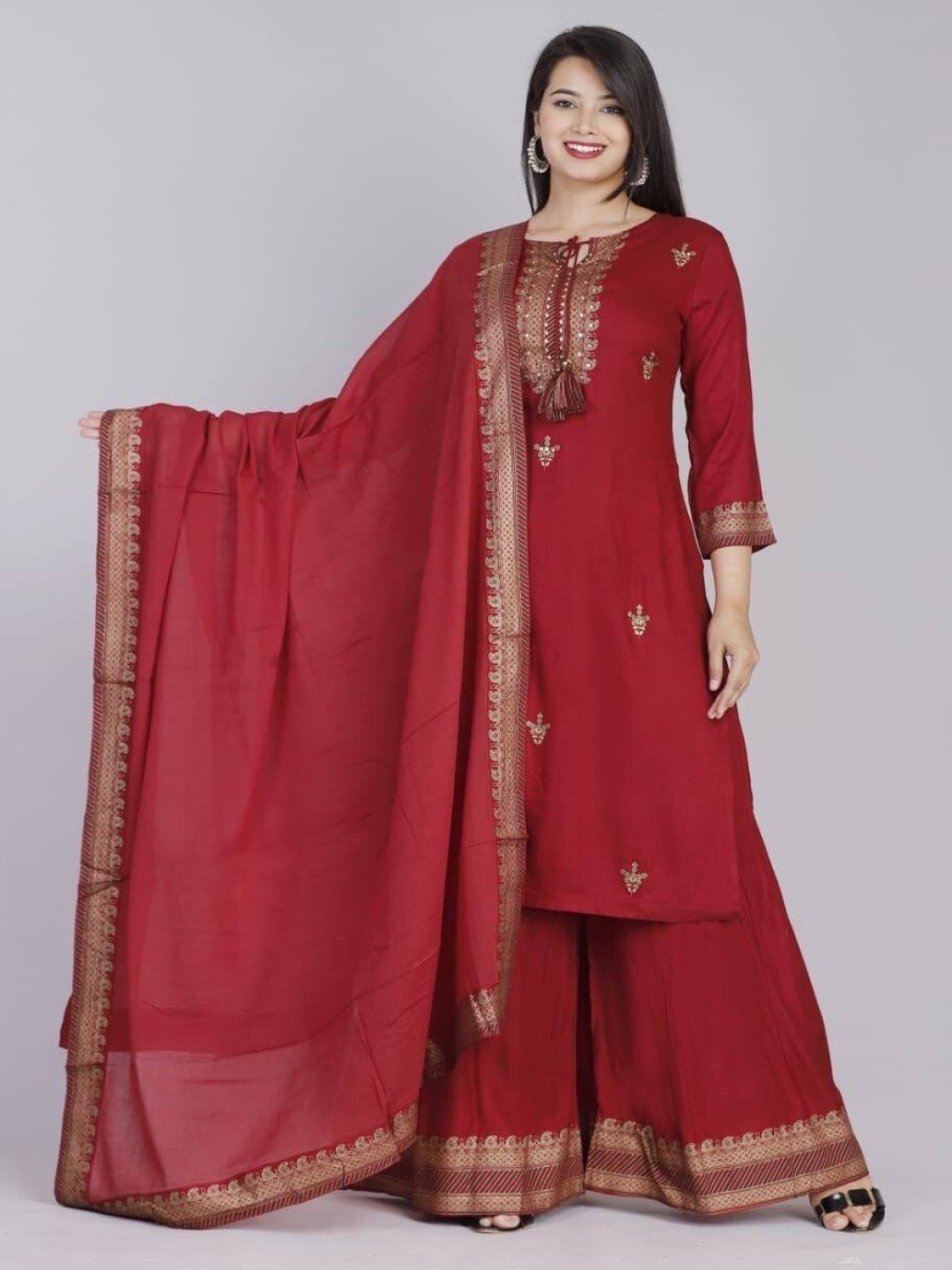 

Rujave Women Ethnic Motifs Regular Kurta with Palazzos & With Dupatta, Maroon