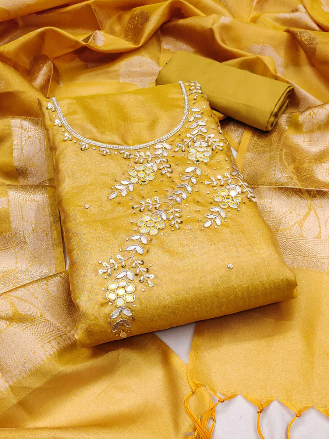

ASISA Floral Embroidered Mirror Work Unstitched Dress Material, Yellow