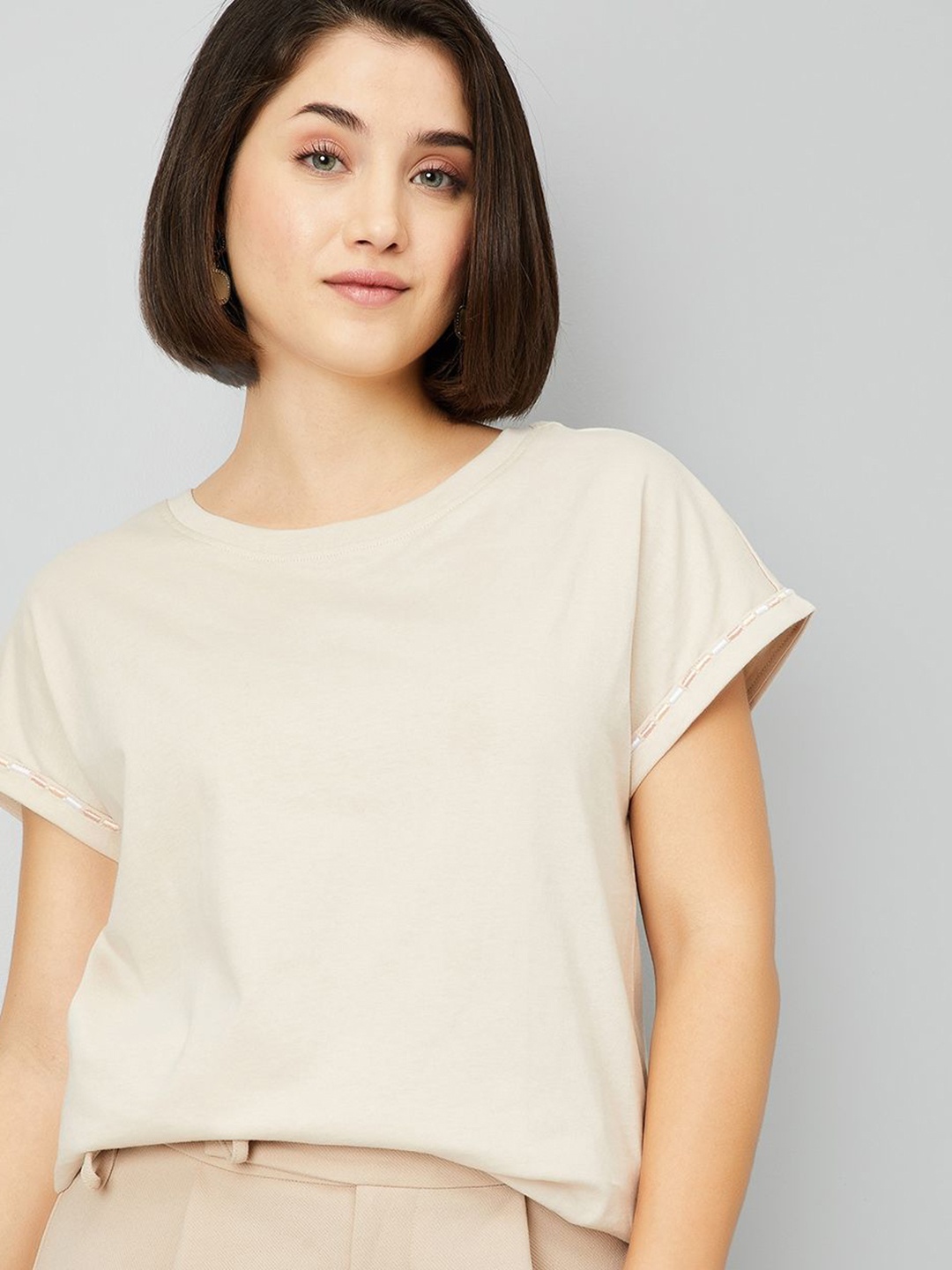 

max Women Solid Round Neck Cotton T-shirt, Beige