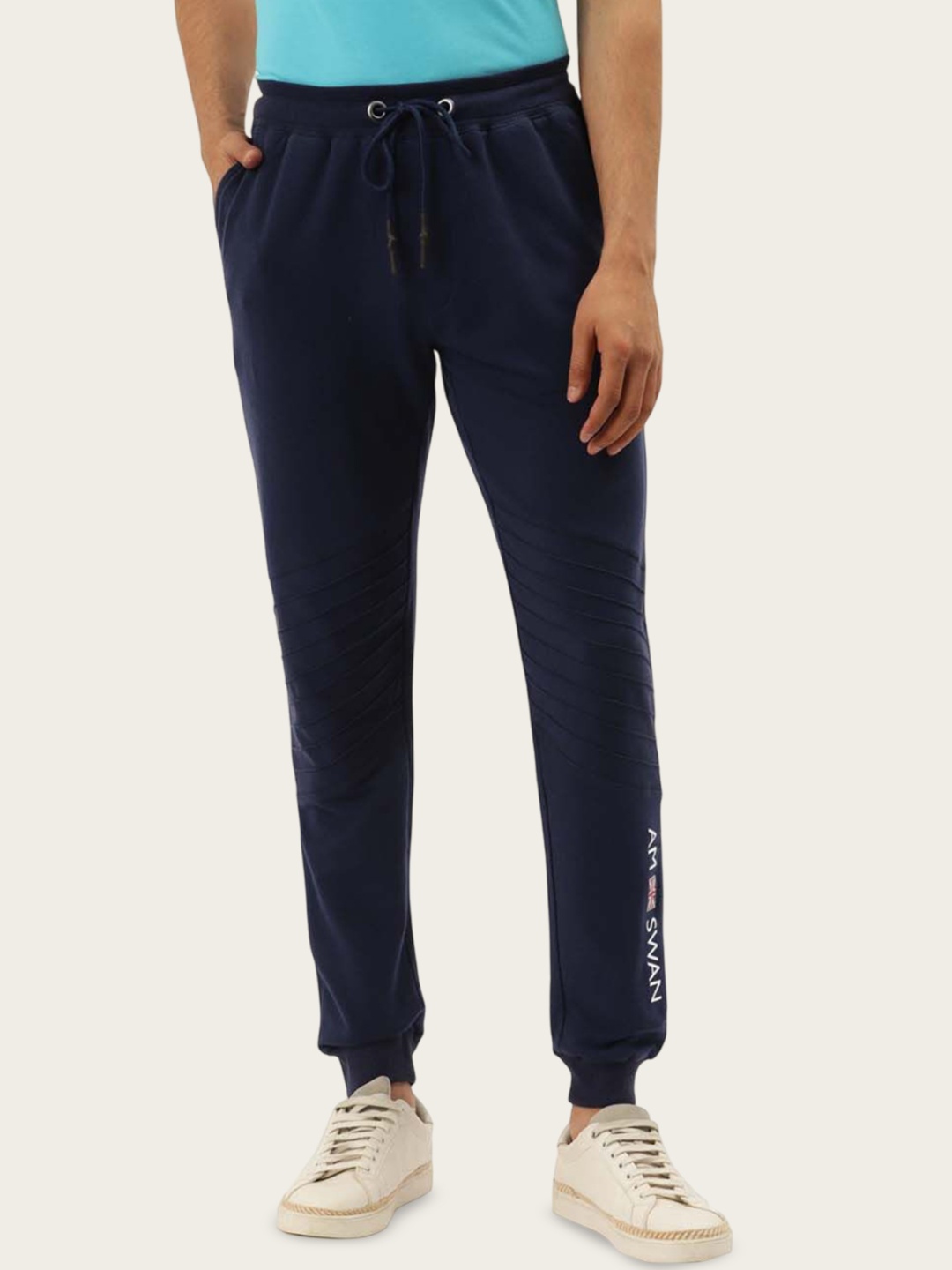 

AMSWAN Men Printed Cotton Mid-Rise Joggers, Navy blue