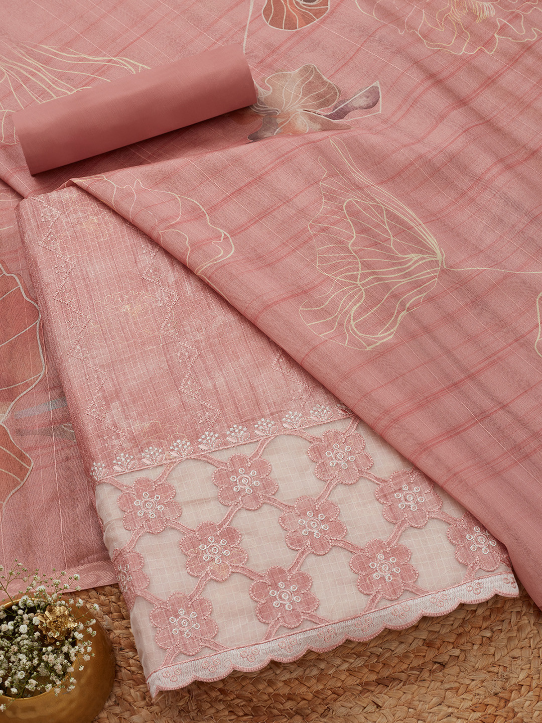 

Soch Floral Embroidered Thread Work Unstitched Dress Material, Peach