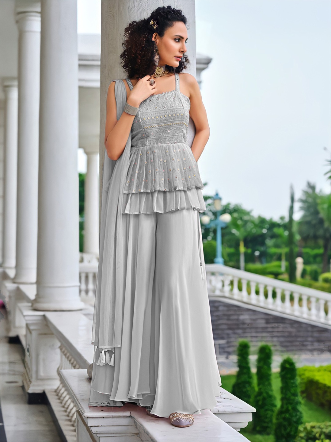 

SANCIA Shoulder Straps Embroidered Georgette Ethnic Tunic With Palazzos & Dupatta, Grey