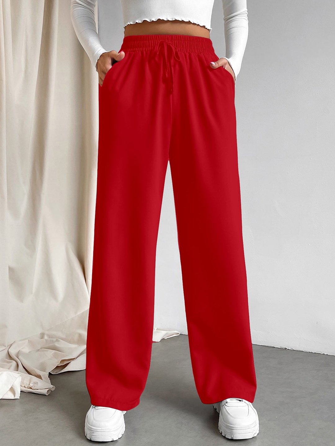 

AAHWAN Women Loose Fit High-Rise Trousers, Red