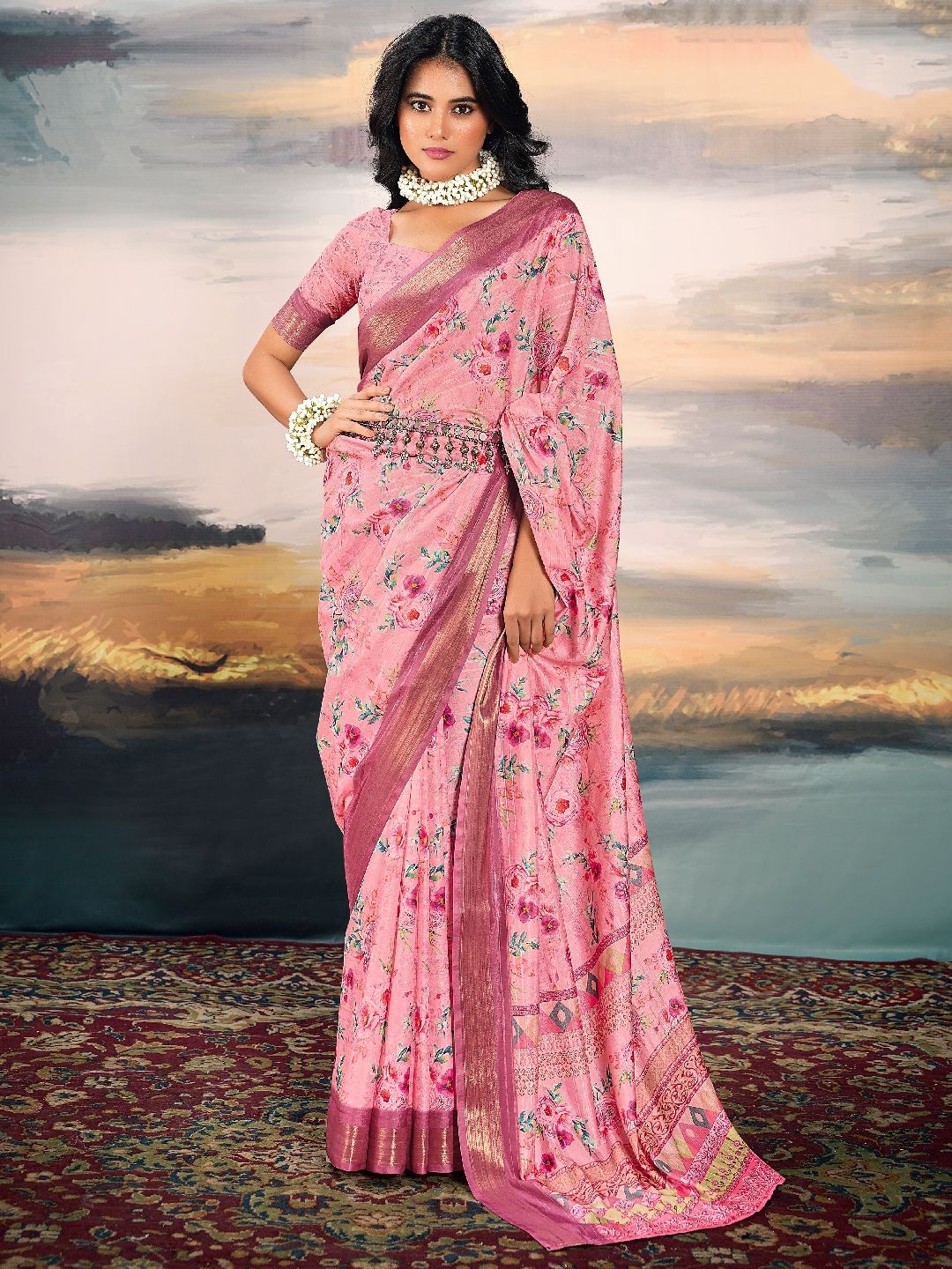 

LeeliPeeri Designer Floral Zari Saree, Pink