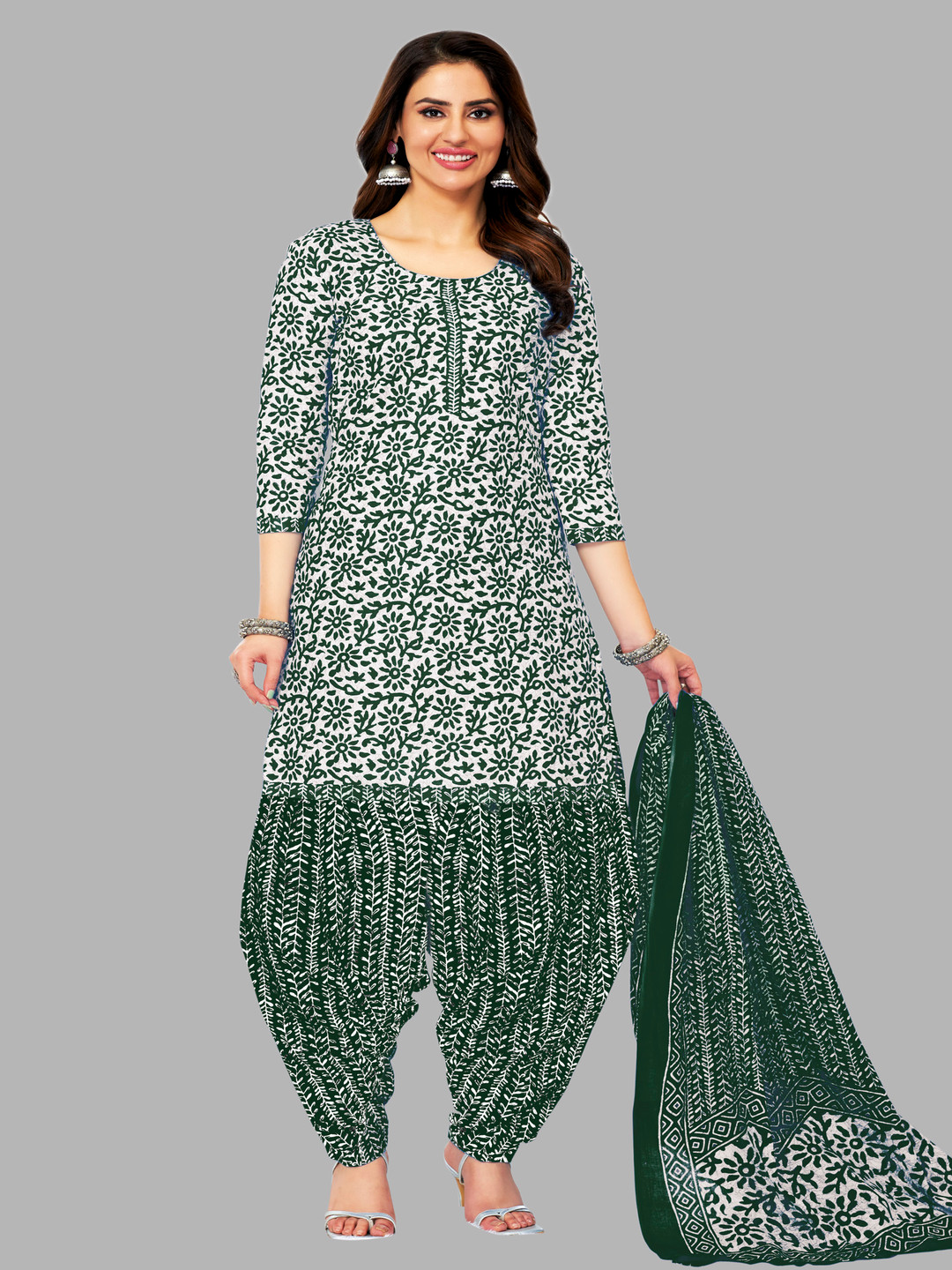 

Simmu Floral Printed Pure Cotton Unstitched Dress Material, Green