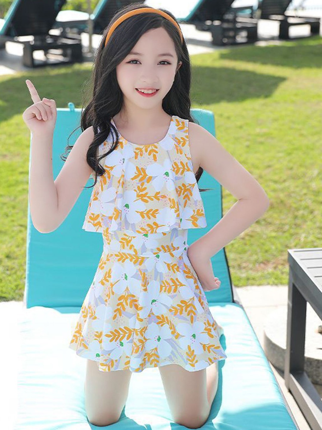 

YK Girls Printed Round Neck Swim Dress, Yellow