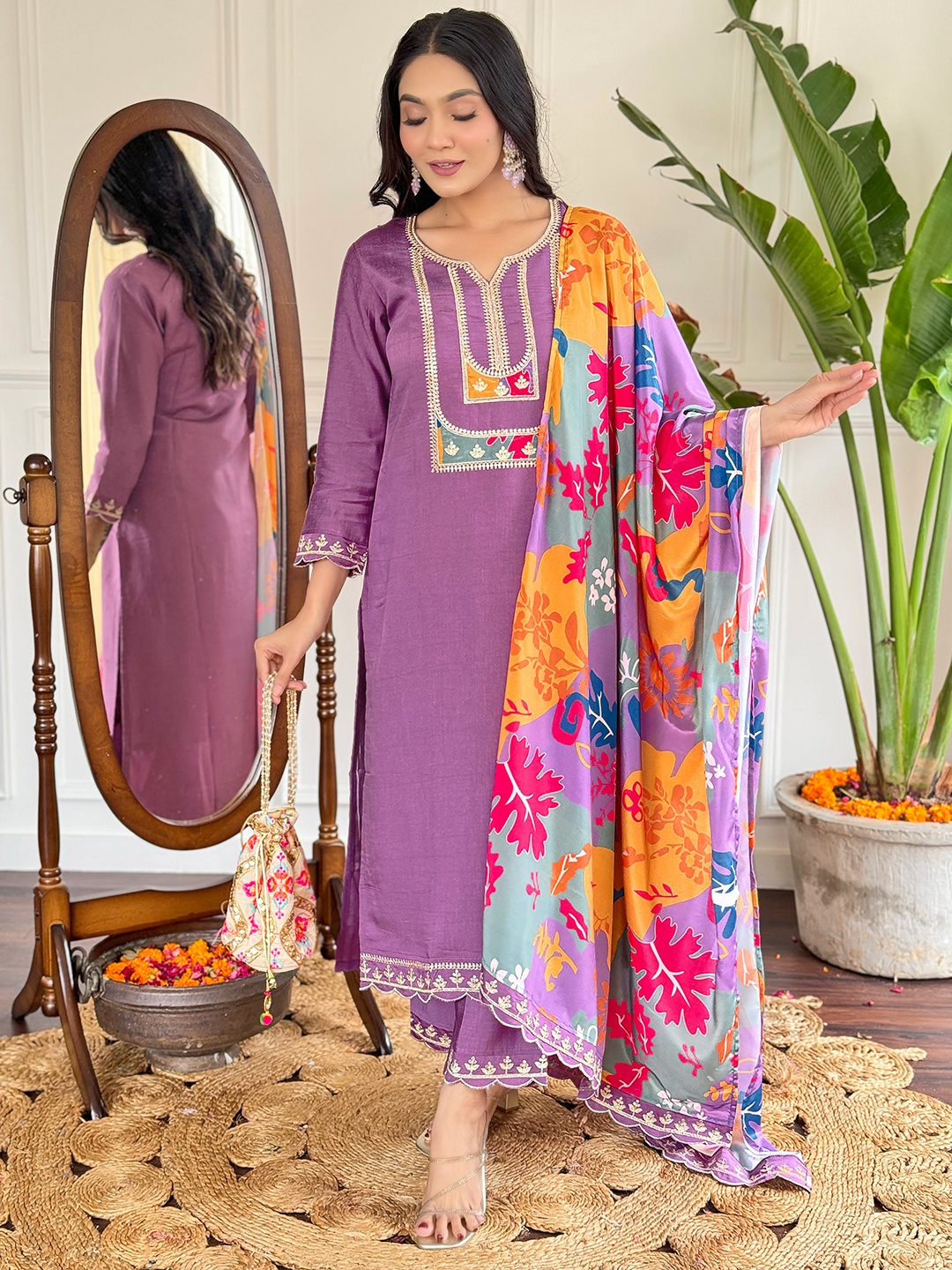 

Fashion Ritmo Ethnic Motifs Embroidered Yoke Design Kurta With Trouser And Dupatta, Purple