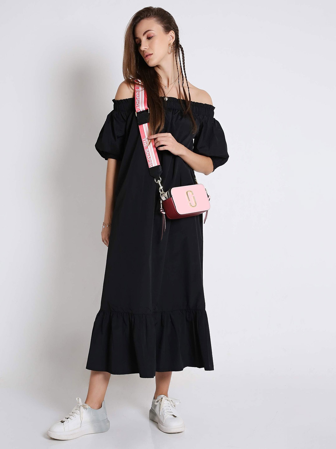 

French Theory Off-Shoulder A-Line Midi Dress, Black