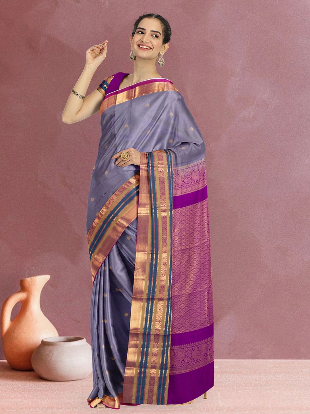 

Avishya Woven Design Zari Kanjeevaram Grey Vegan Silk Saree