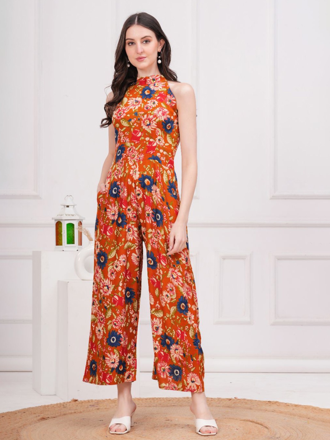 

JC4U Halter Neck Floral Printed Basic Jumpsuit, Orange