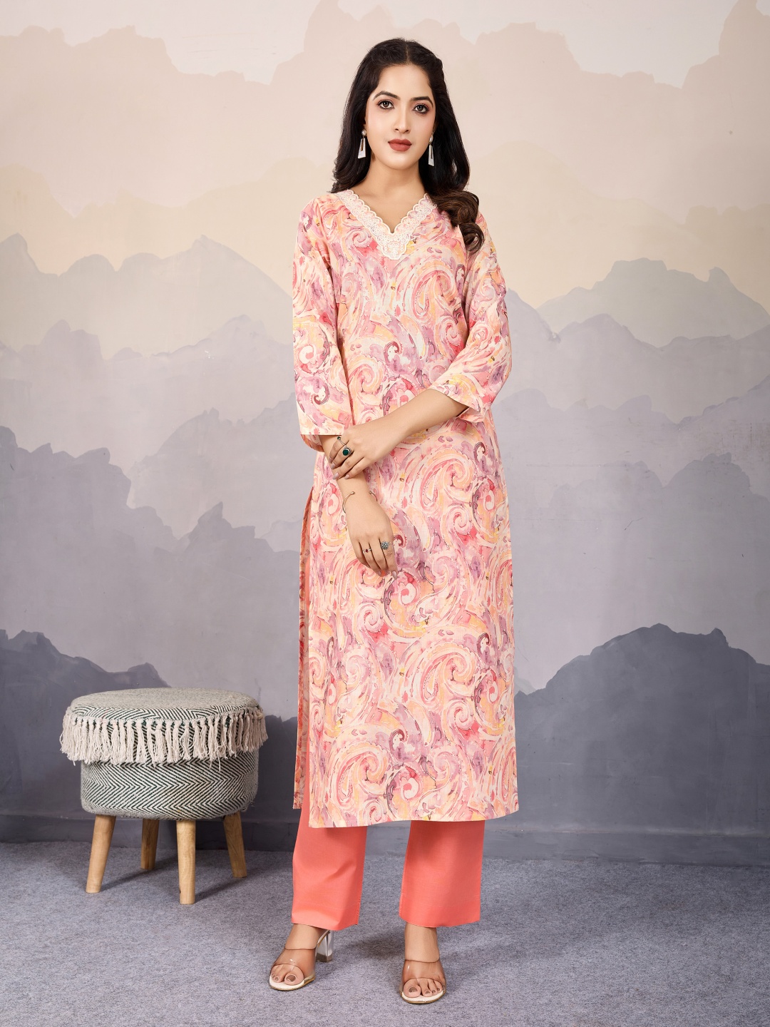 

MOJILAA Women Paisley Printed Regular Sequinned Pure Cotton Kurta with Trousers, Peach