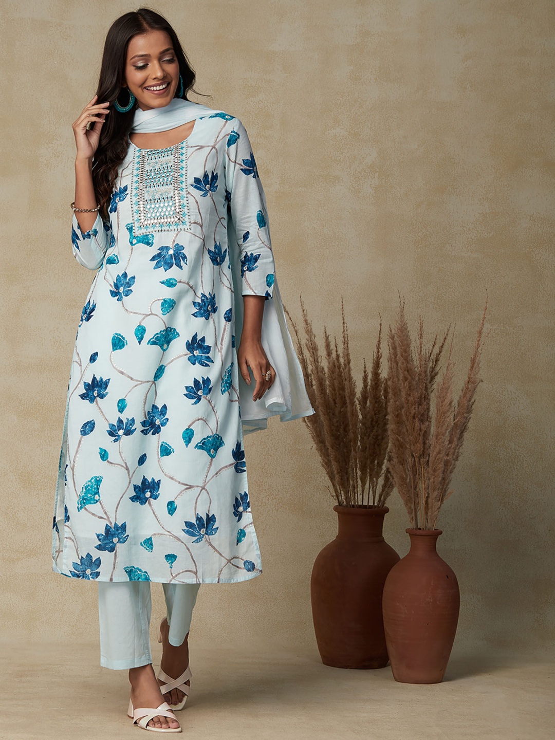 

KETAKI FASHION Floral Printed Mirror Work Straight Kurta With Trousers And Dupatta, Blue