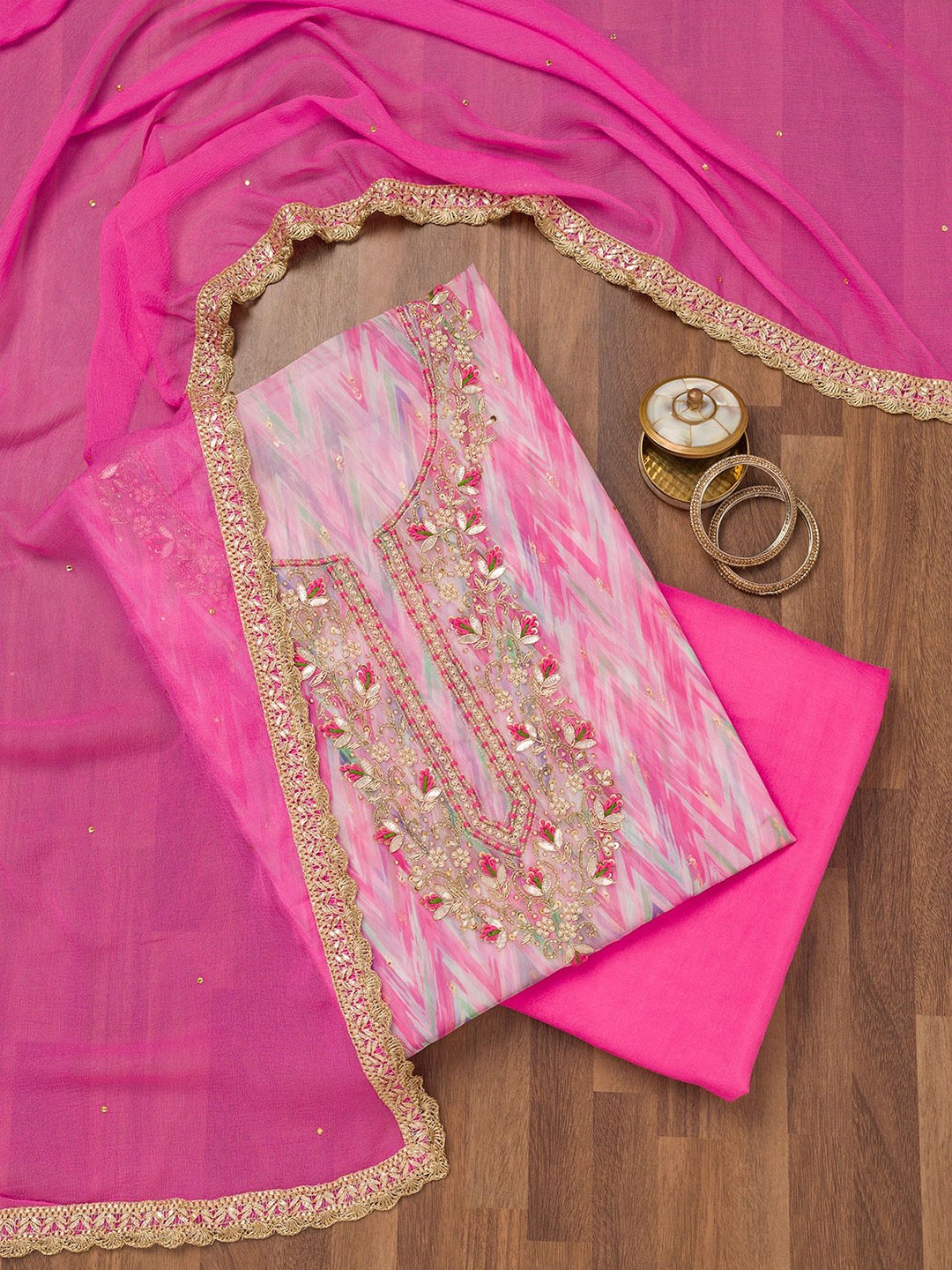 

Koskii Floral Embellished Beads and Stones Tissue Unstitched Dress Material, Pink