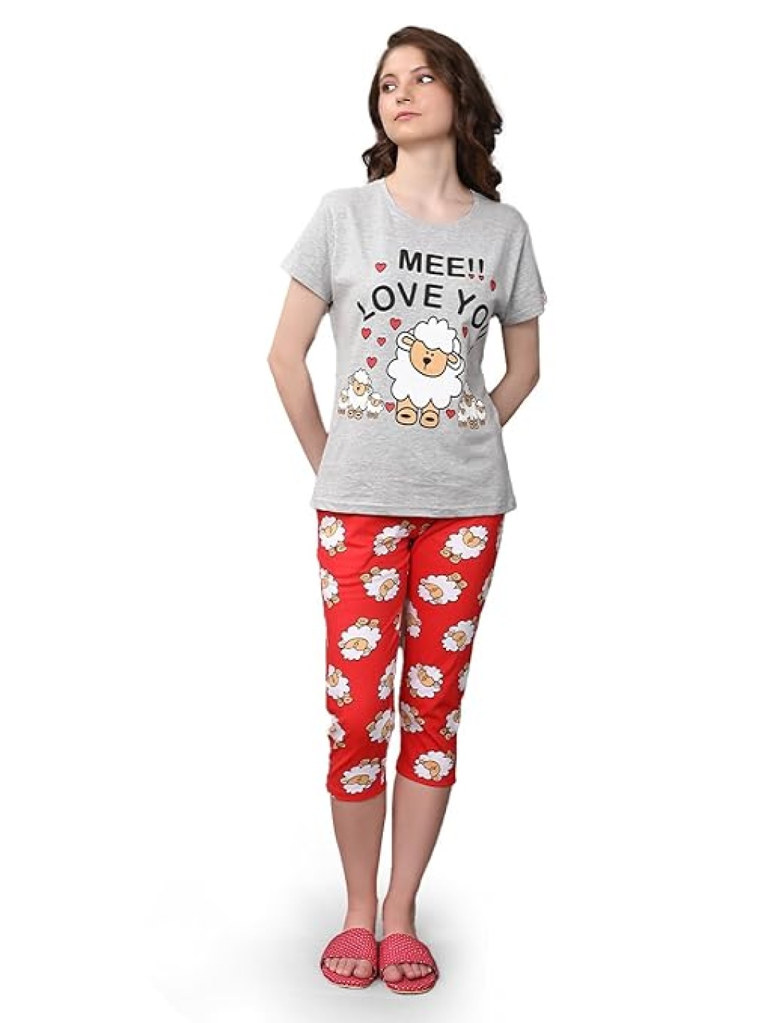 

evolove Women Printed T-shirt and Capris Pure Cotton Night suit, Red