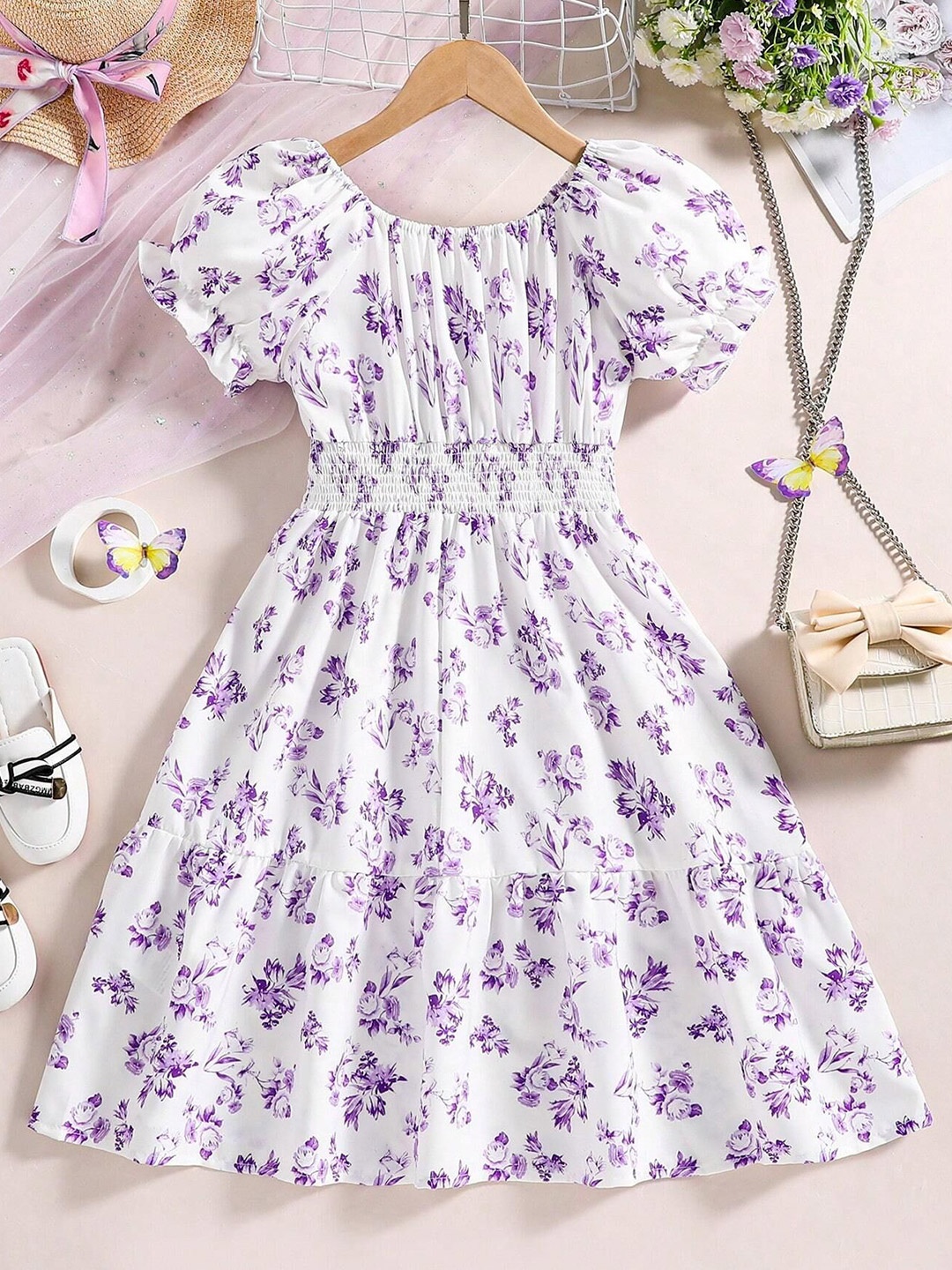

Miss & Chief Floral Print Flared Sleeve Fit & Flare Dress, Purple