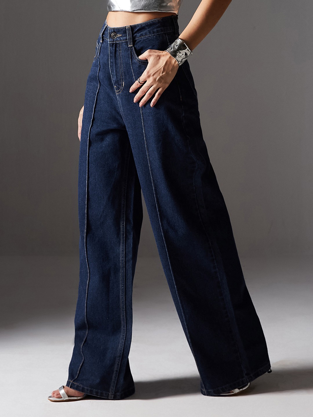 

Miss Chase Women Clean-Look Non-stretchable Denim Wide-Leg High-Rise Jeans, Blue