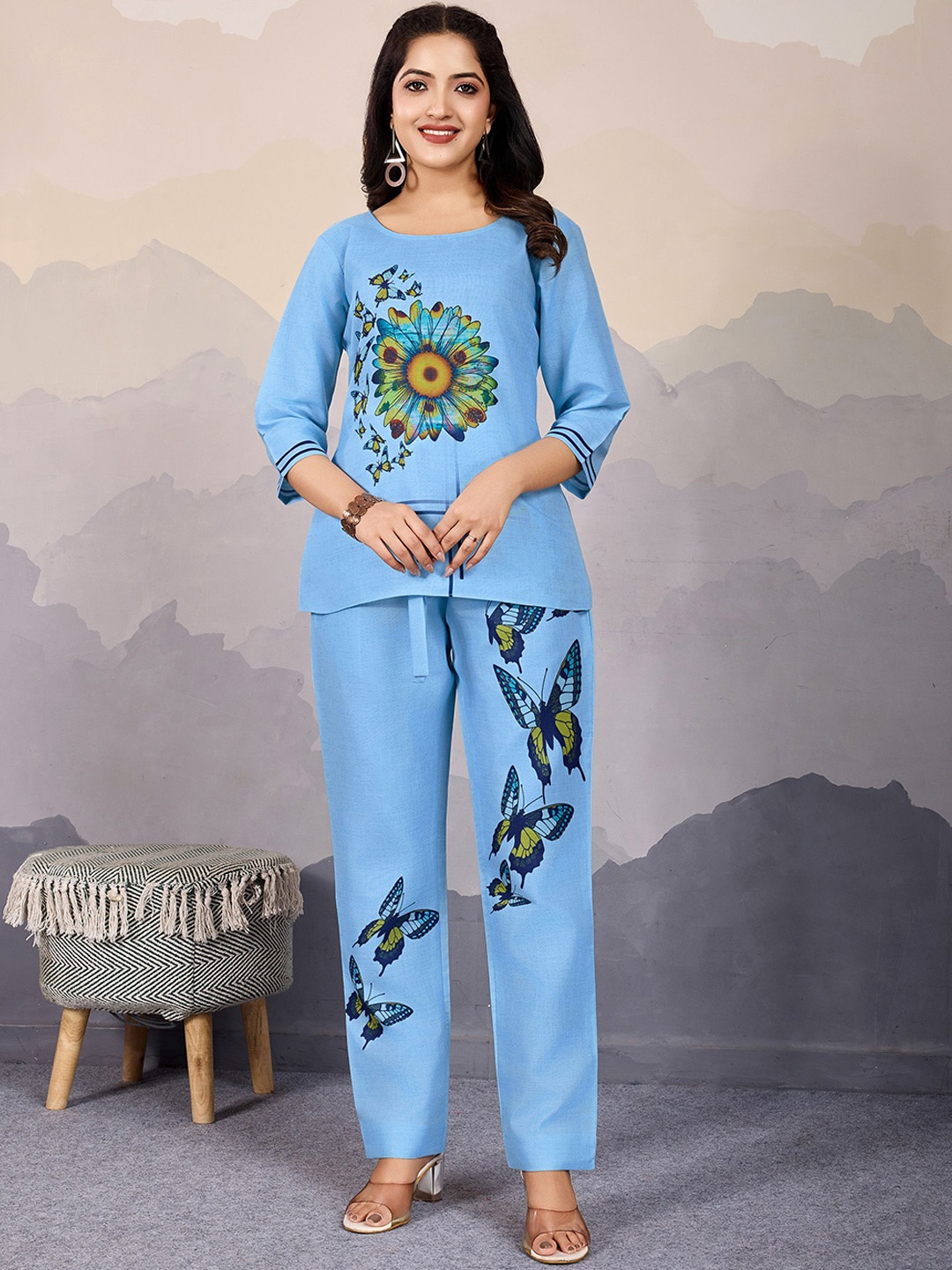 

MOJILAA Floral Printed Round Neck Tunic With Trousers, Blue