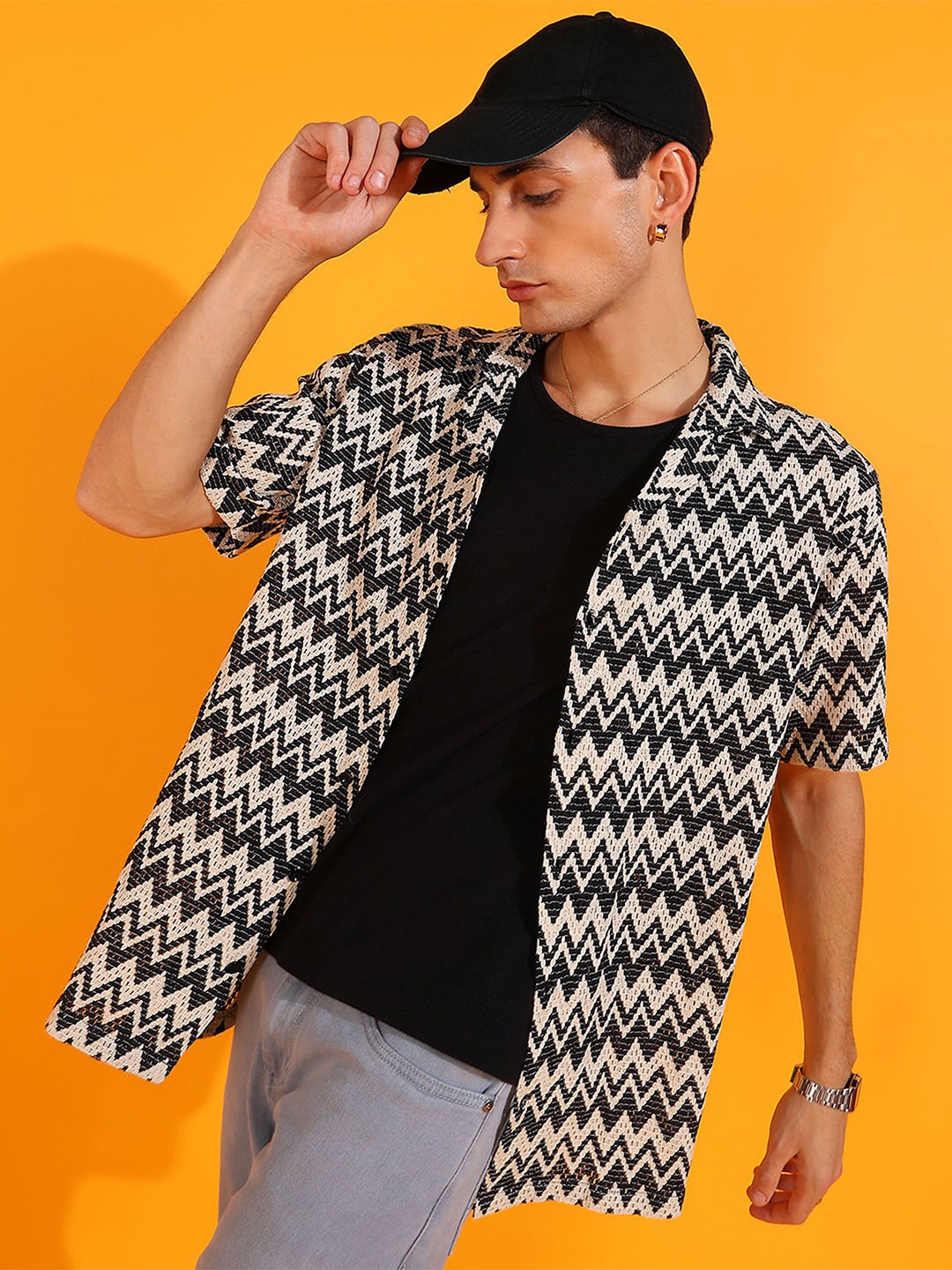 

INDICLUB Men Relaxed Fit Cuban Collar Chevron Striped Casual Shirt, Beige