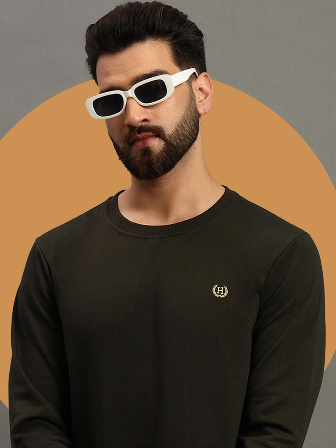 

HUSHBUCKS Men Round Neck Cotton Sweatshirt, Olive