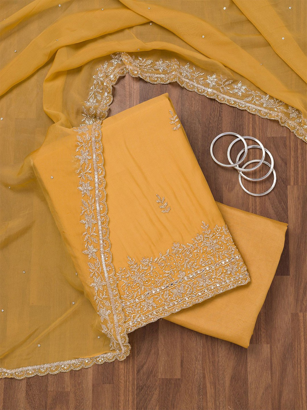 

Koskii Floral Embroidered Beads and Stones Unstitched Dress Material, Yellow