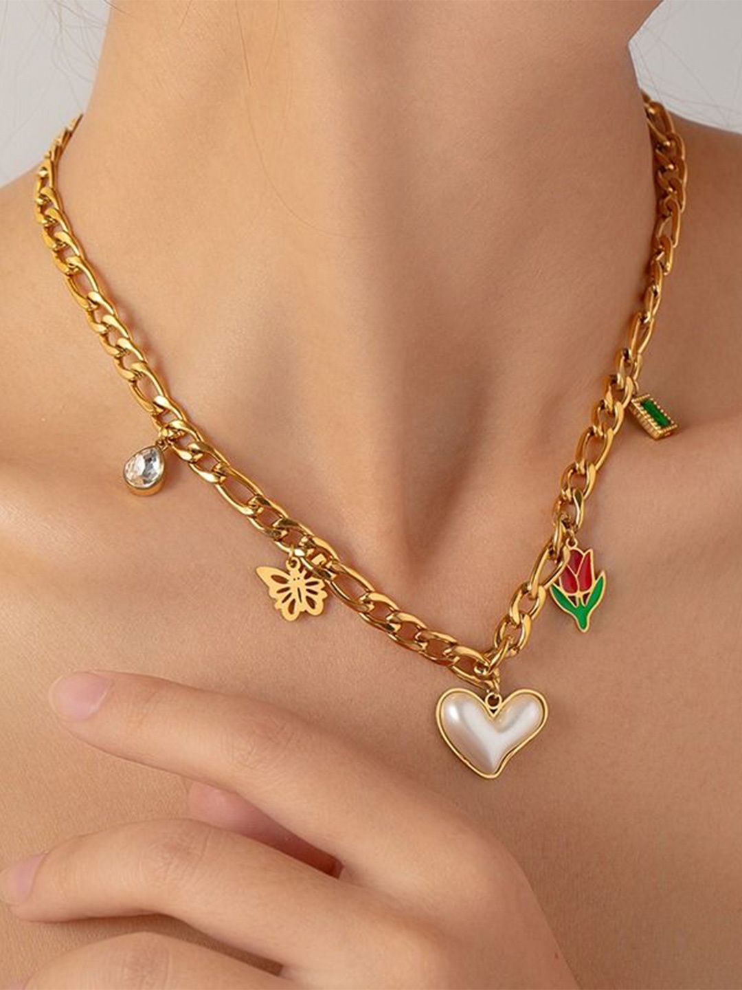 

VIEN Gold-Plated Pearl Studded & Beaded Stainless Steel Statement Chain