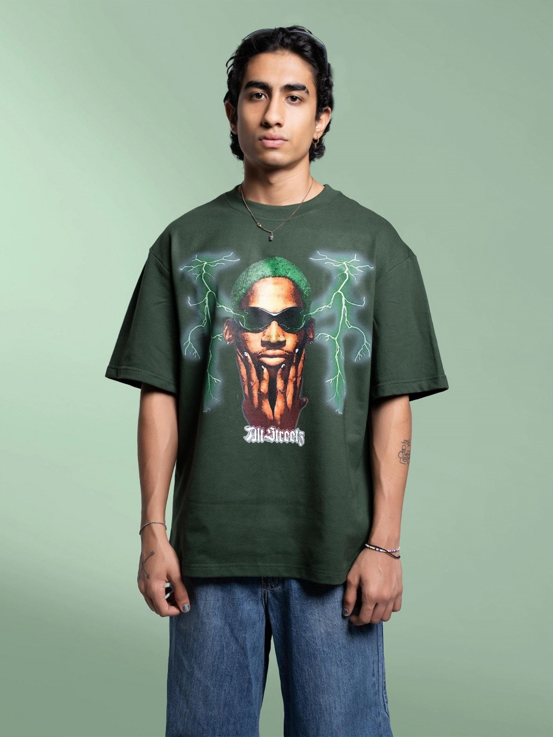 

Altstreetz Men Graphic Printed Round Neck Cotton Oversized T-shirt, Olive