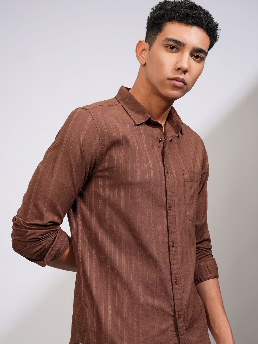 

HIGHLANDER Men Spread Collar Textured Cotton Casual Shirt, Rust