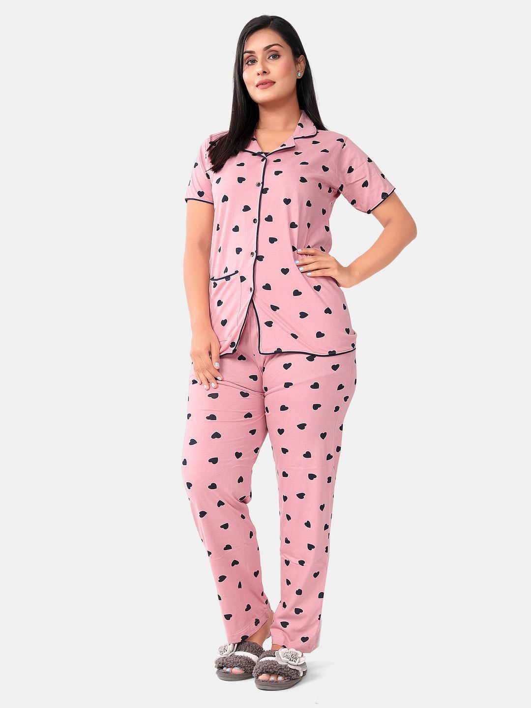 

SWEET MOON Printed Shirt With Pyjama Night suit, Pink