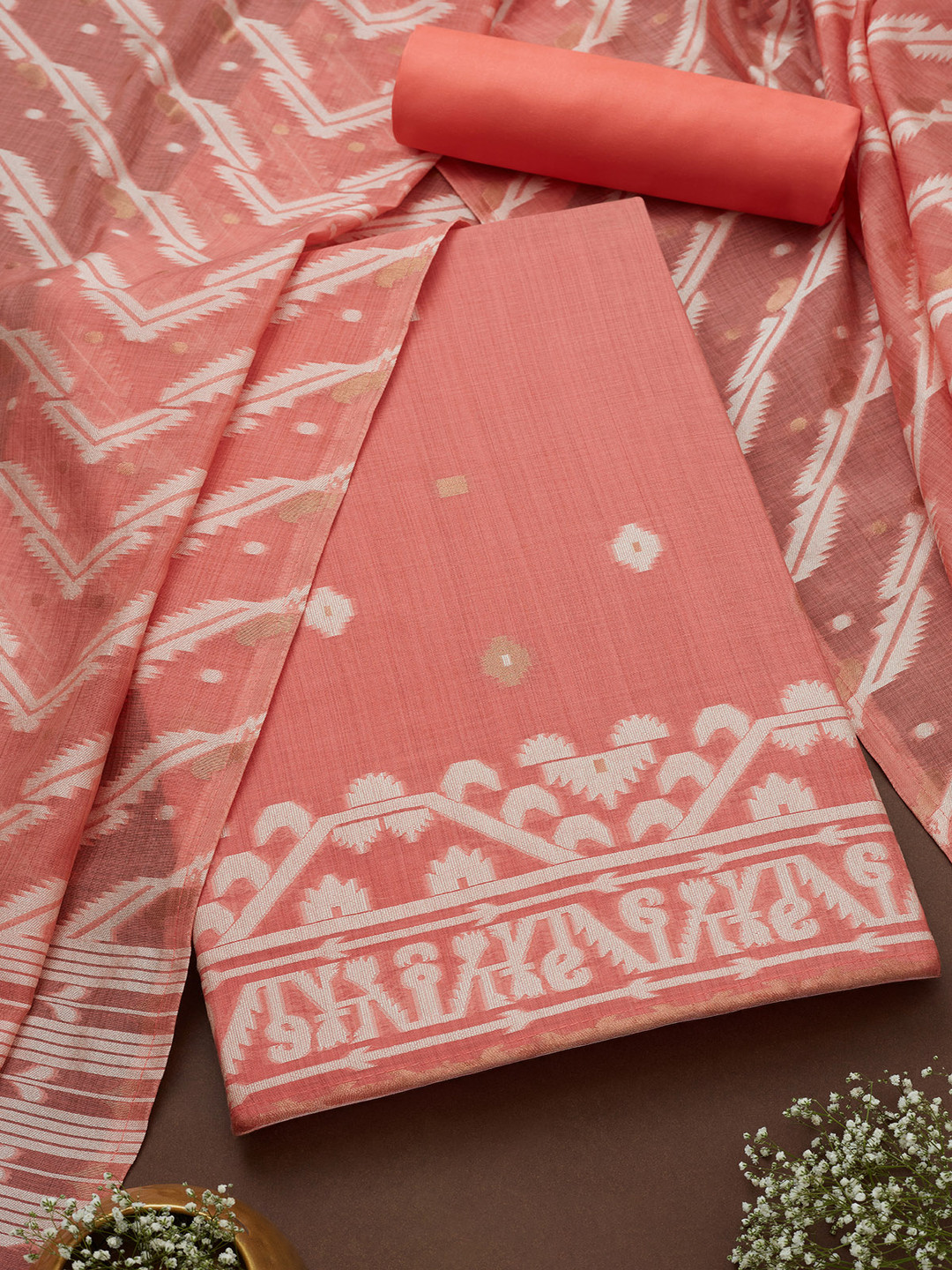 

Soch Geometric Woven Design Chanderi Jamdani Unstitched Dress Material, Peach