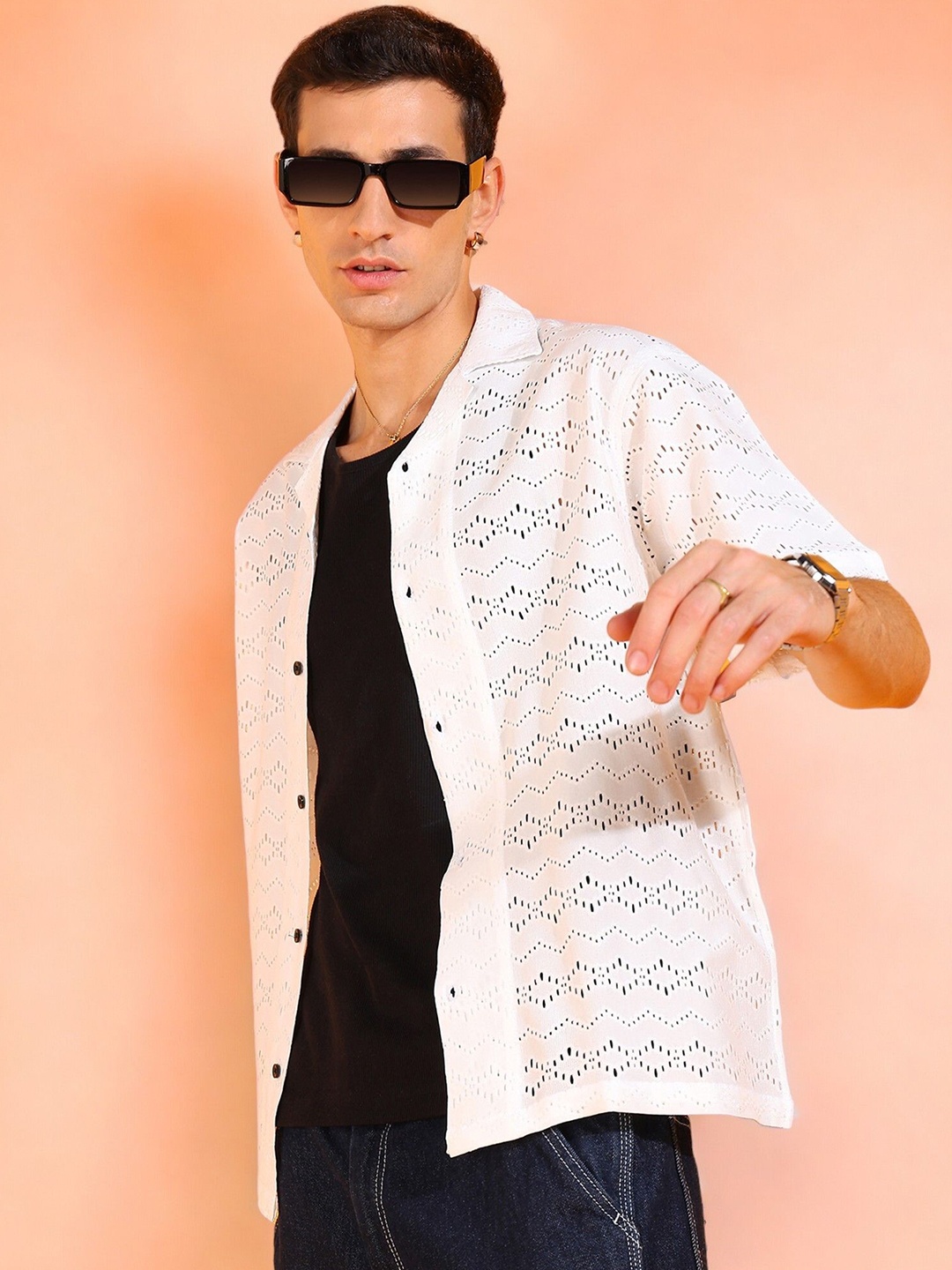 

INDICLUB Men Relaxed Fit Cuban Collar Textured Casual Shirt, White