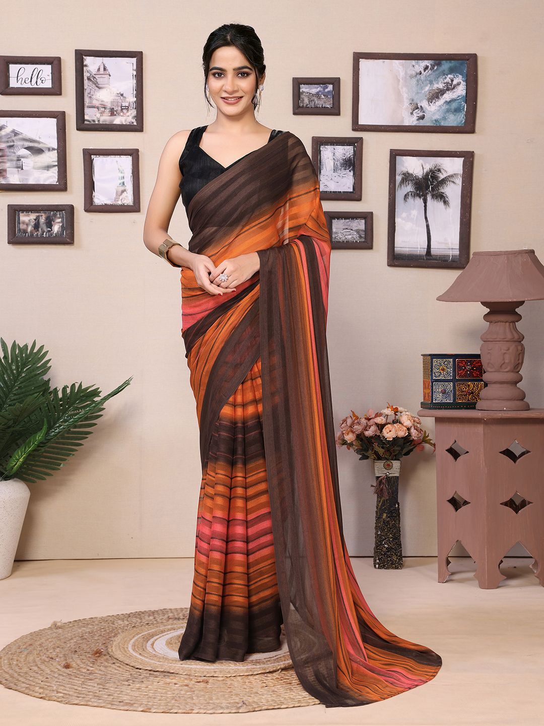 

DIVASTRI Striped Ready to Wear Saree, Orange