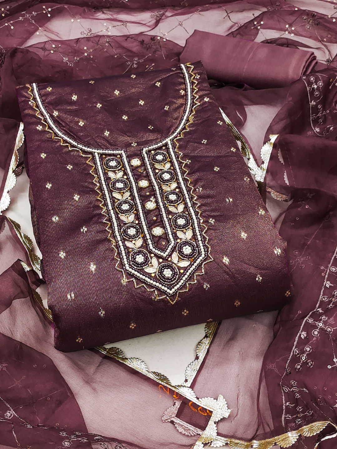 

ASISA Floral Woven Design Beads And Stones Unstitched Dress Material, Maroon