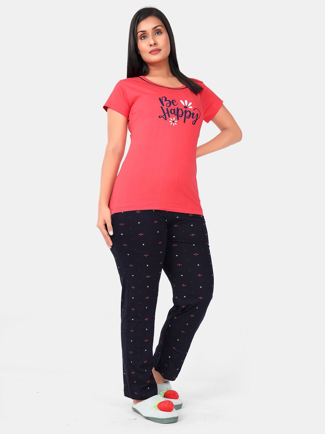 

SWEET MOON Printed Round Neck T-Shirt With Pyjama, Red