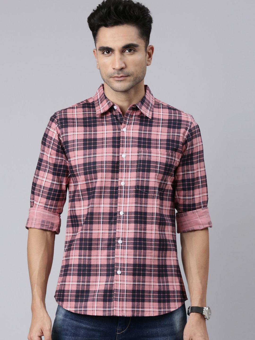 

Metronaut Men Spread Collar Tartan Checked Cotton Casual Shirt, Pink