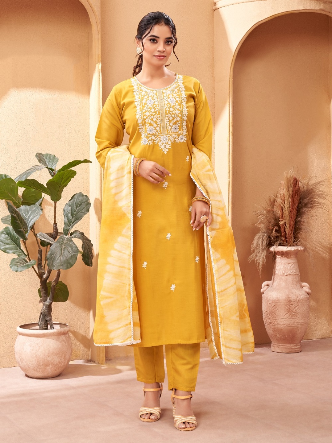 

BAESD Women Ethnic Motifs Embroidered Regular Kurta with Trousers & With Dupatta, Yellow