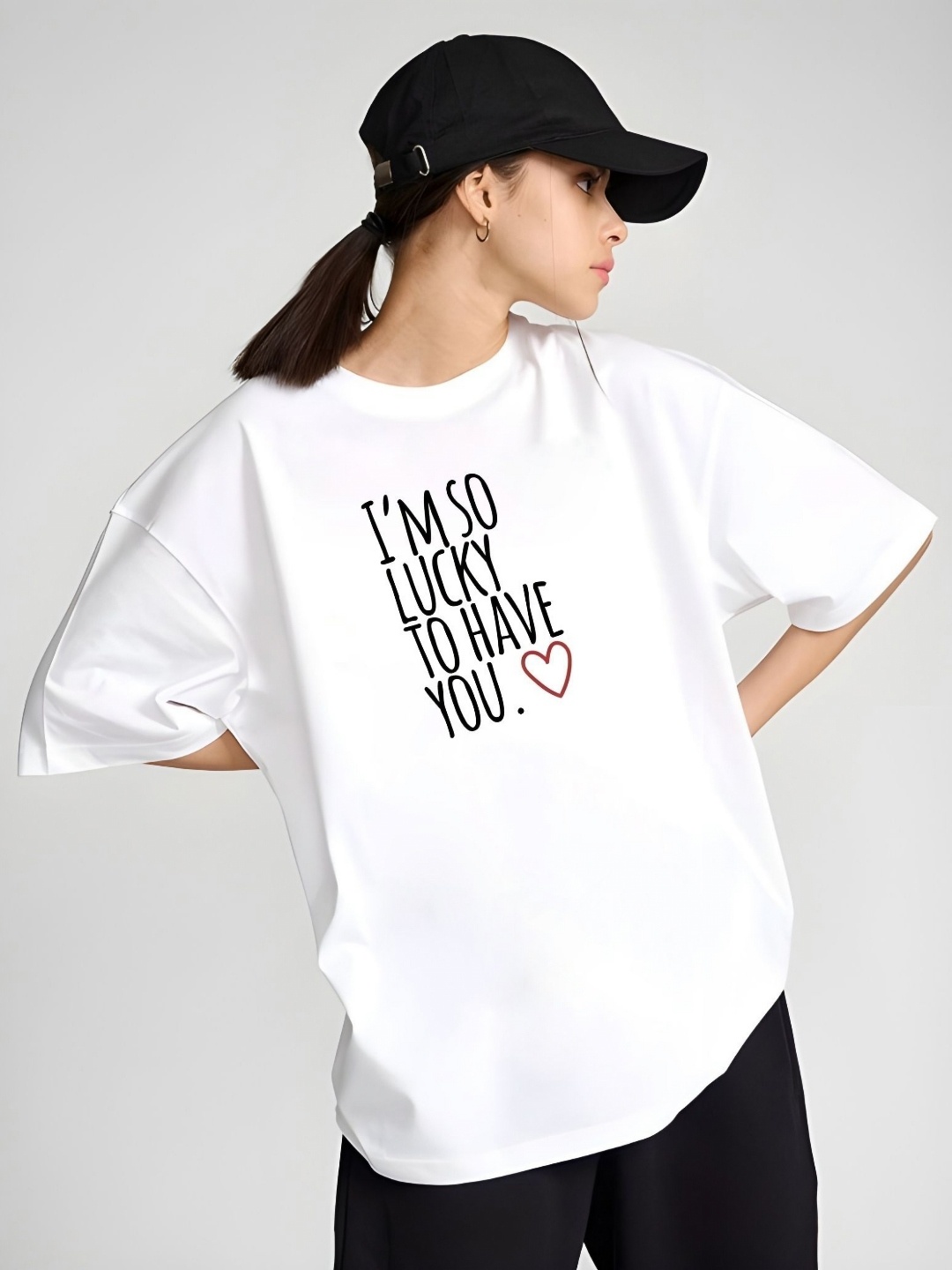 

SZN Women Typography Printed Round Neck Cotton Oversized T-shirt, White