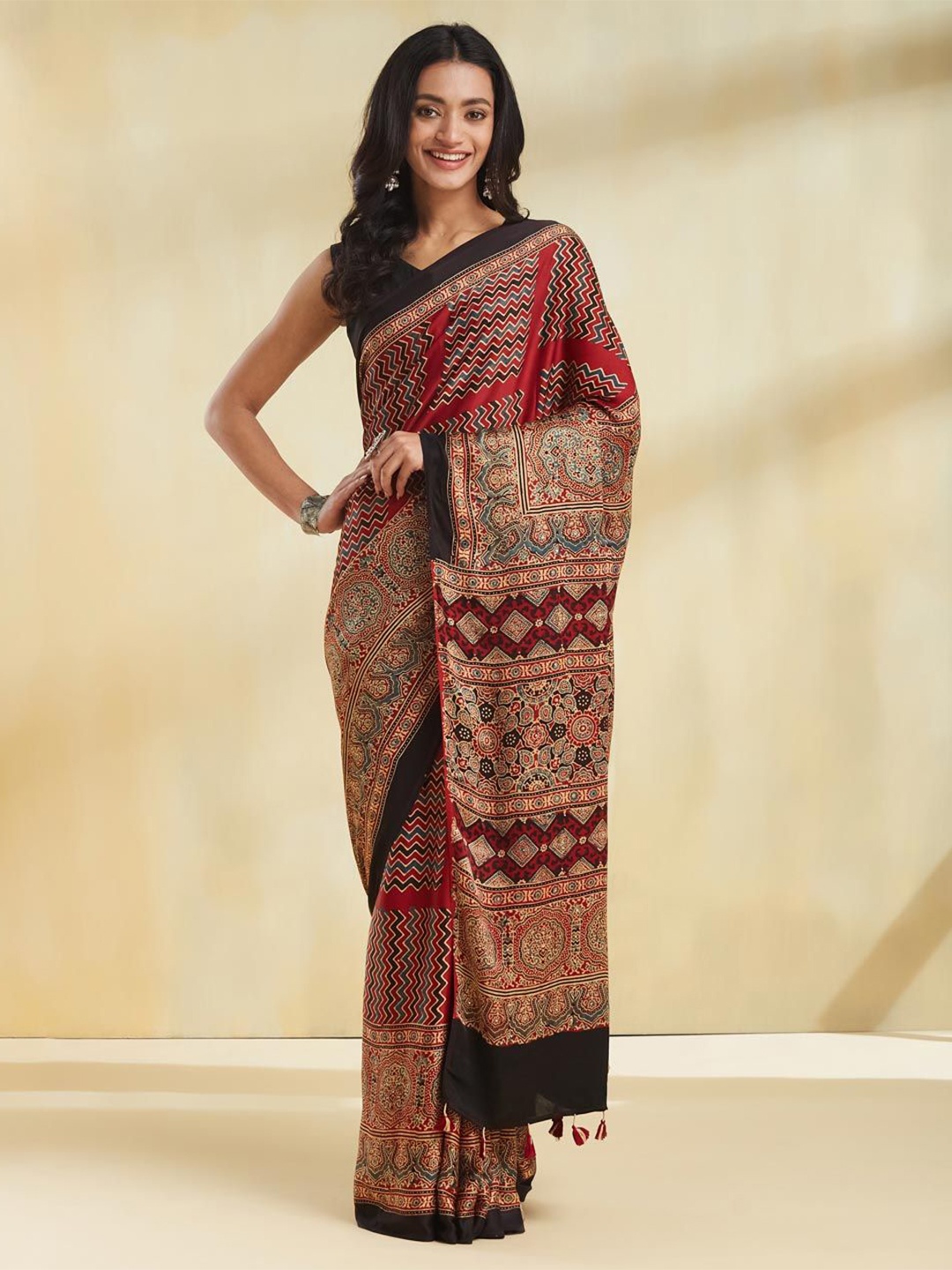 

Fabindia Ajrak Printed Block Printed Saree, Maroon