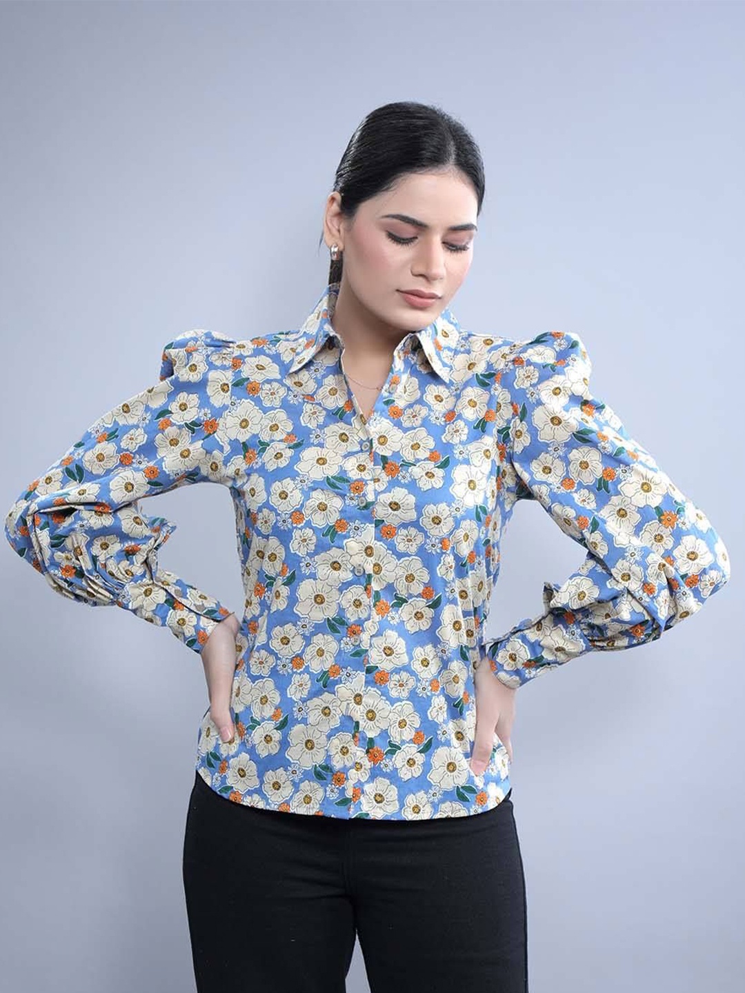 

French Theory Women Comfort Slim Fit Spread Collar Floral Printed Cotton Casual Shirt, Blue