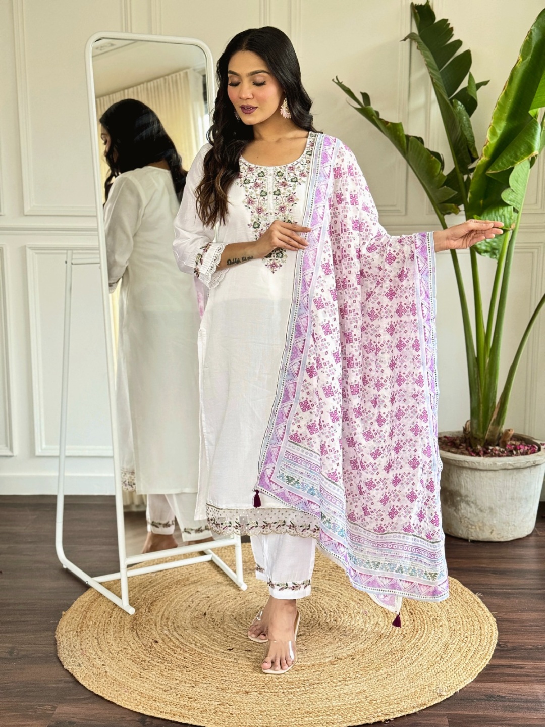 

KALINI Floral Embroidered Straight Chanderi Cotton Kurta With Trousers And Dupatta, White