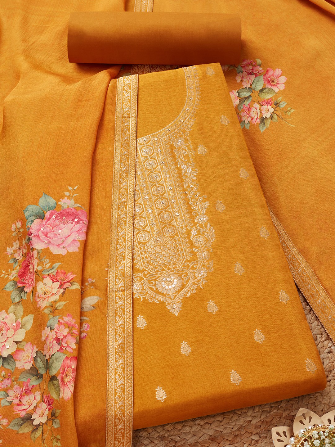 

Soch Floral Woven Design Sequinned Unstitched Dress Material, Mustard