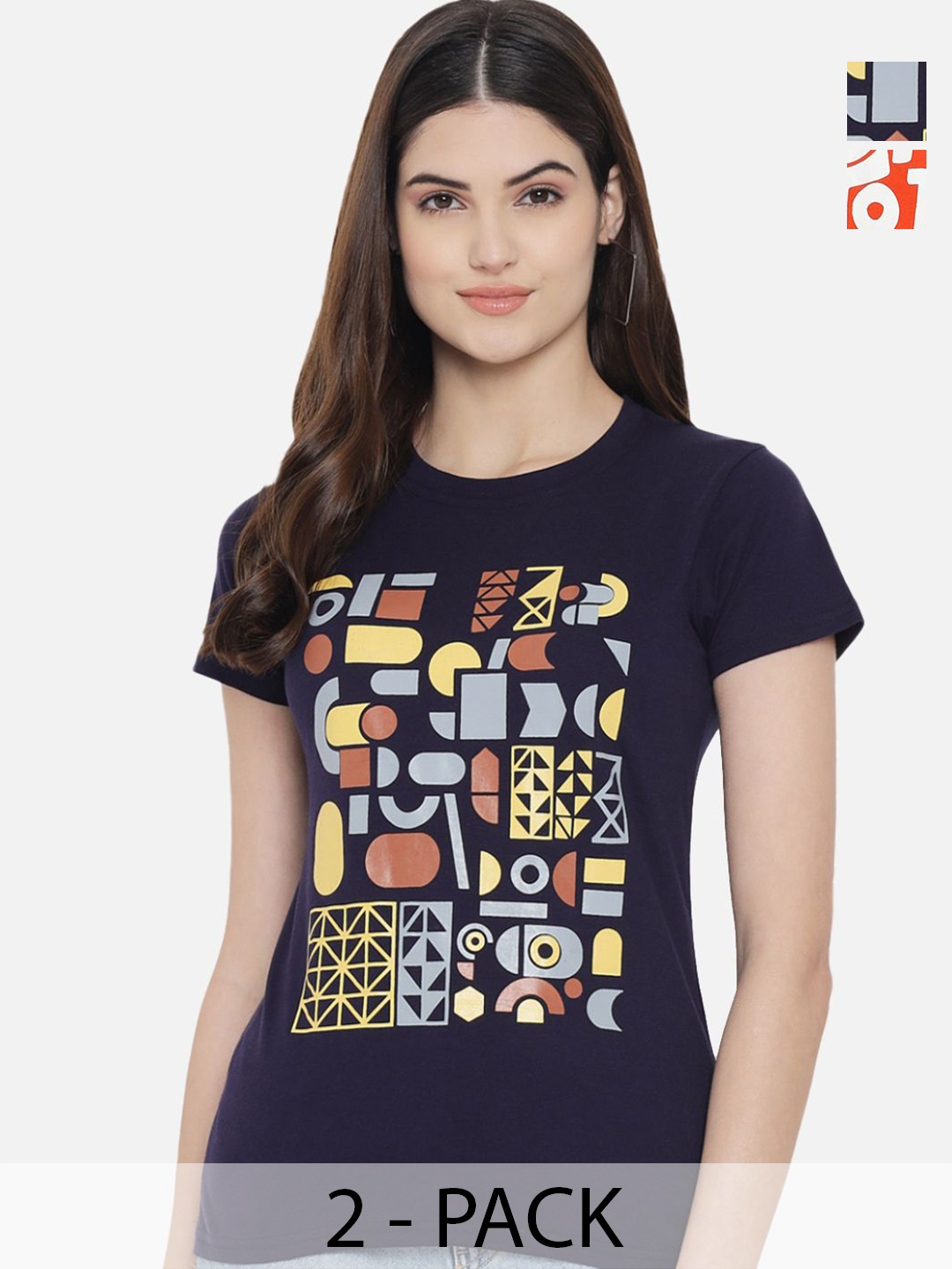 

Dreambe Women Pack Of 2 Typography Printed Round Neck Cotton T-shirts, Navy blue