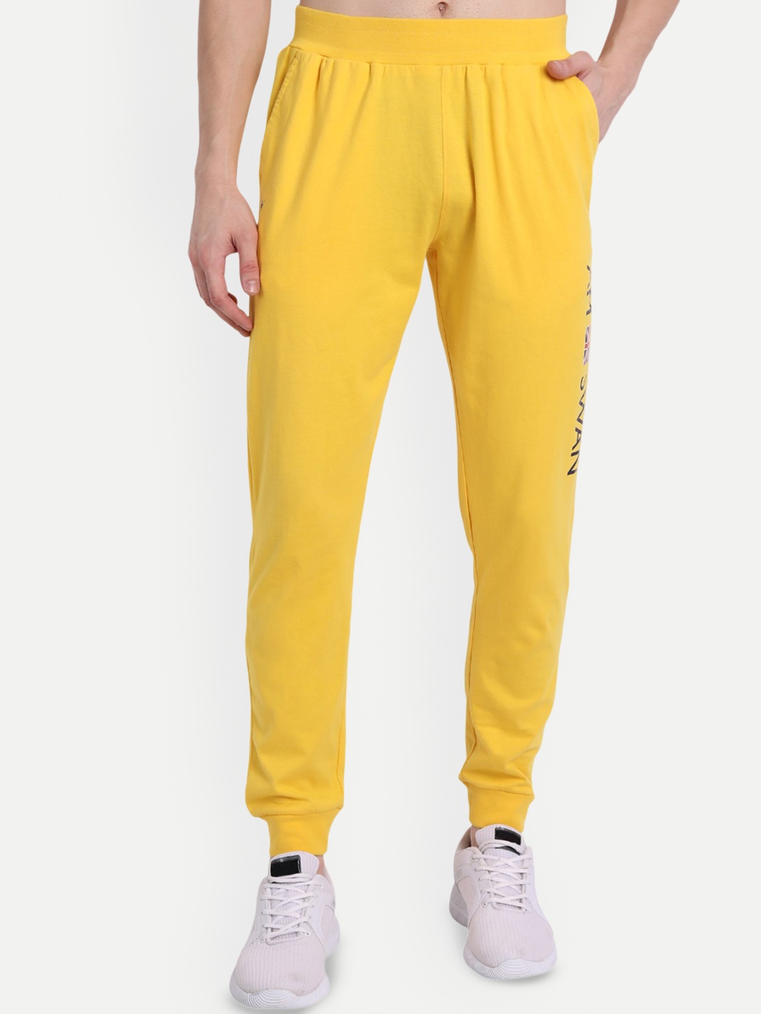 

AMSWAN Men Brand Logo Printed Mid-Rise Cotton Jogger, Yellow