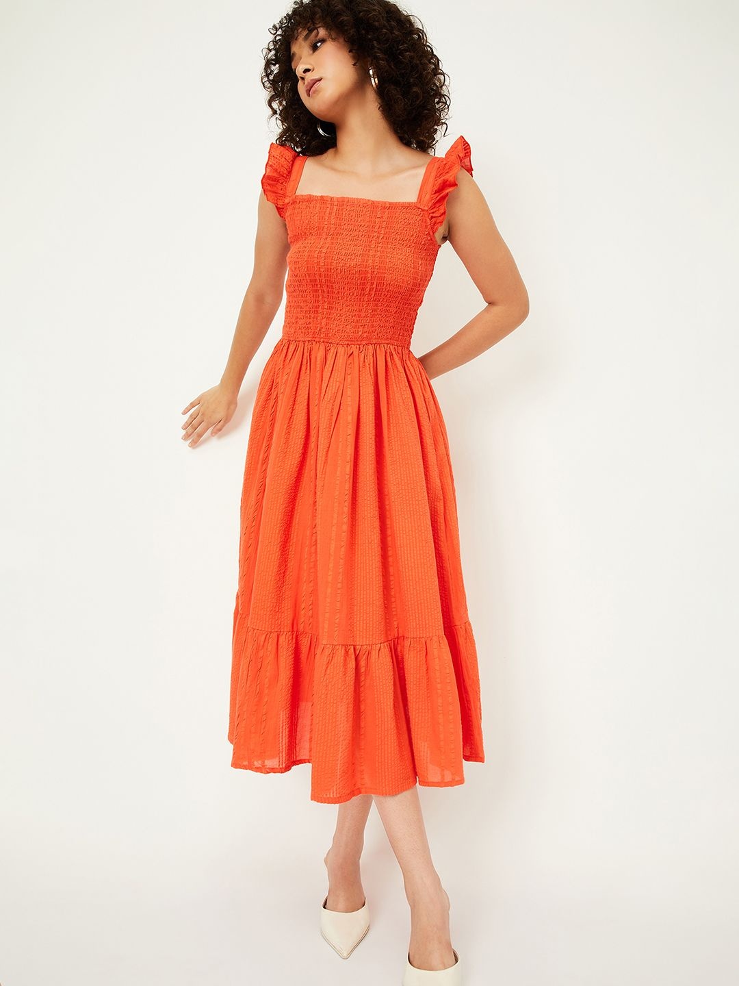 

max Flutter Sleeve Fit & Flare Midi Dress, Orange