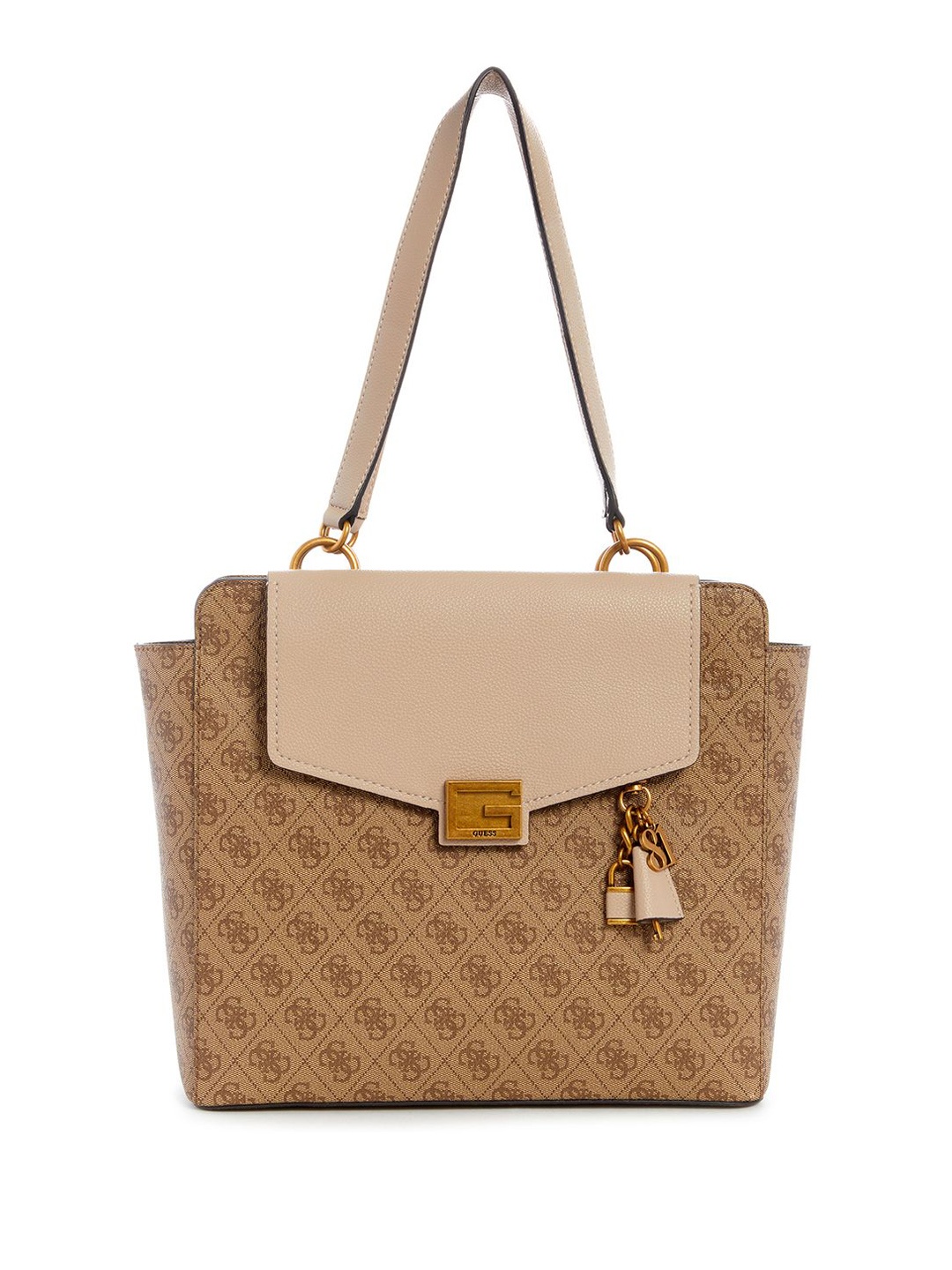 

GUESS Printed PU Structured Shoulder Bag with Bow Detail, Brown
