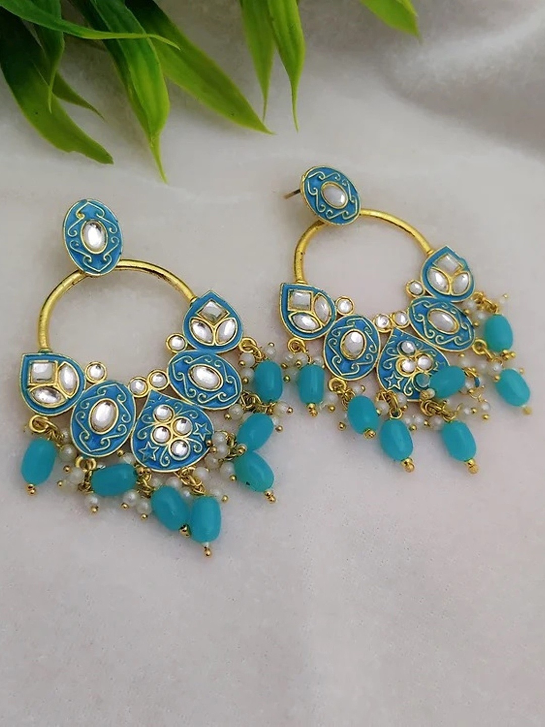 

MADDY SPACE Gold-Plated Artificial Stones Studded And Beaded Contemporary Drop Earrings, Blue