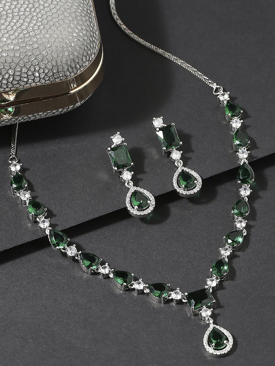 

fabula Green American Diamond Square Drop Jewellery Set, Silver