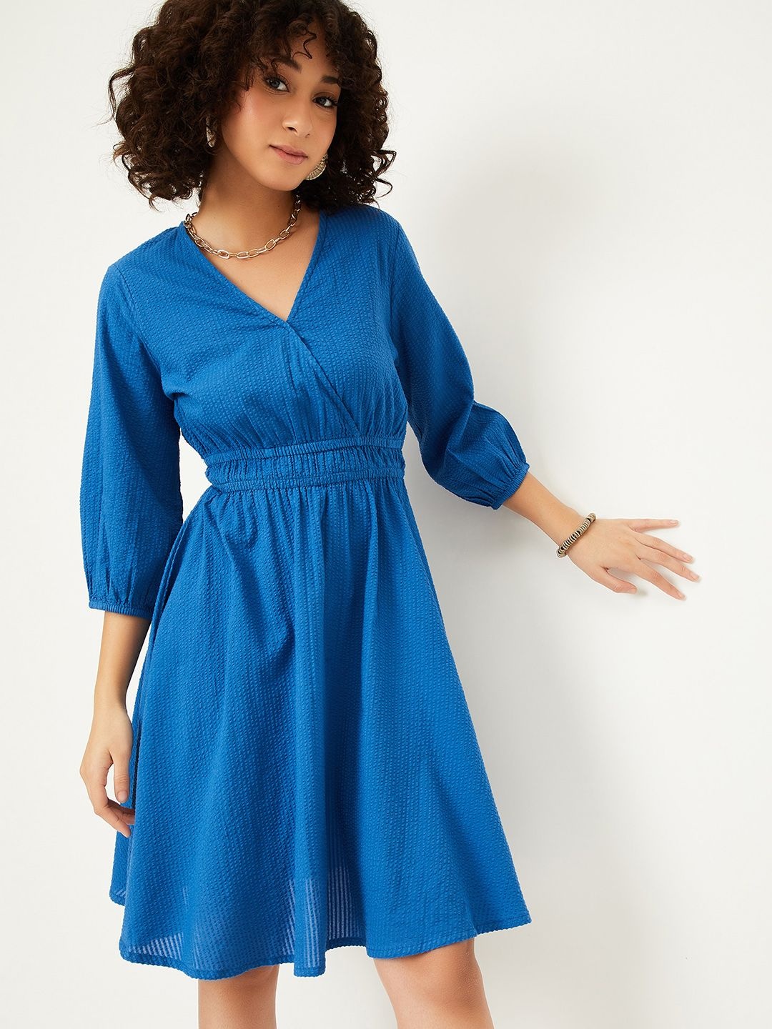 

max Women Puff Sleeve Fit & Flare Dress, Blue