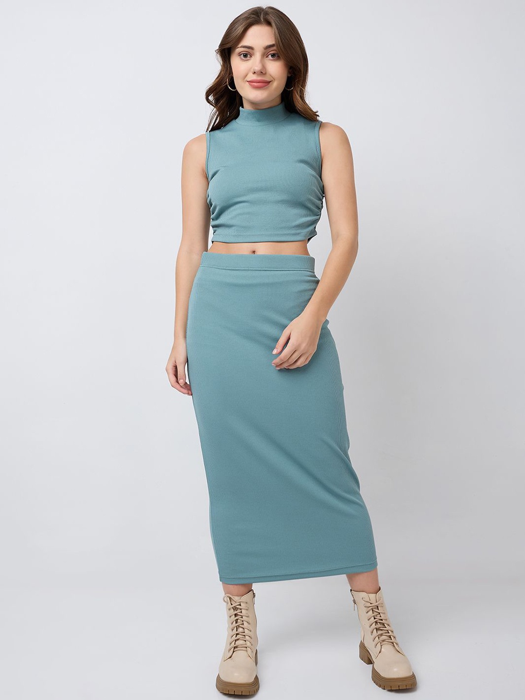 

SZN Solid Sleeveless High Neck Top With Skirt, Blue