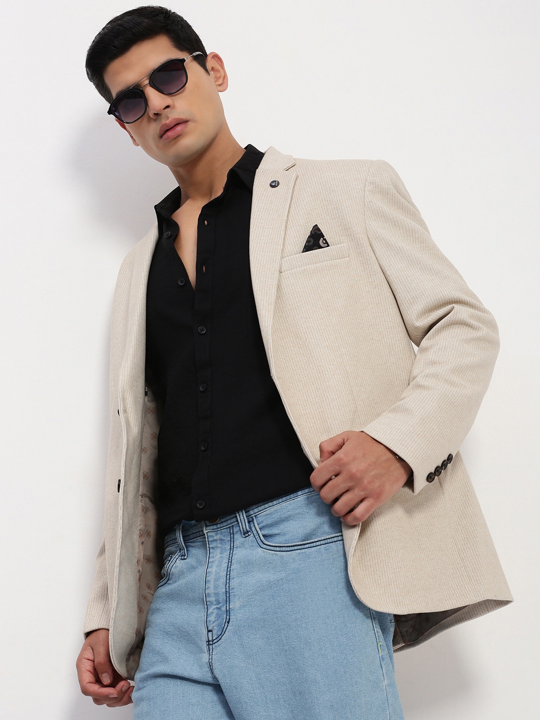 

SHOWOFF Slim-Fit Single-Breasted Cotton Blazer, Cream